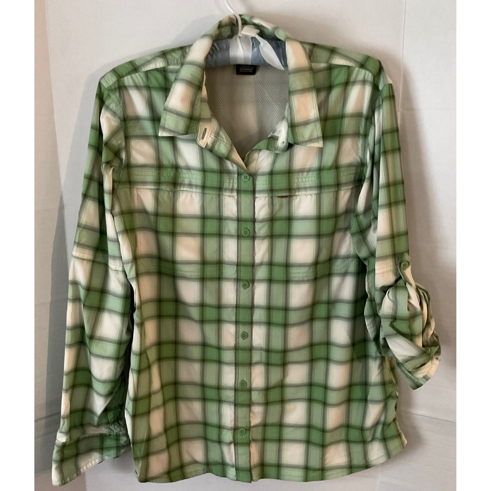 REI Co-op Womens Large Green Plaid Sahara Long Sleeve Roll-Tab Hiking Shirt